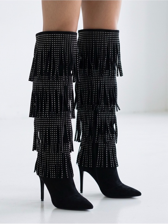 Shoes - Blacksilver studs Fringe over the knee Boots Stiletto heels Faux suede leather 6
